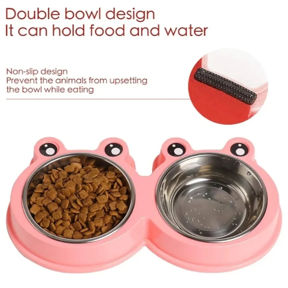 PINK or BLUE Double Pet Bowl with Cute Design For DOGS OR CATS